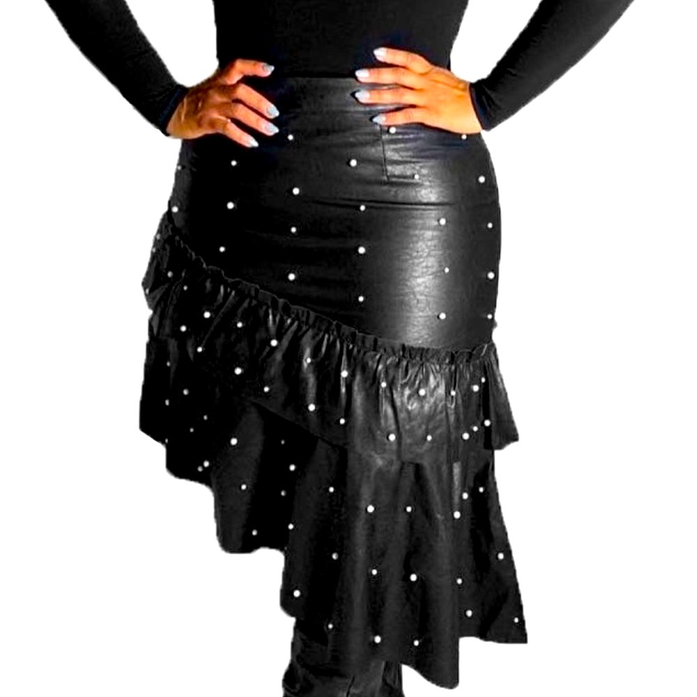 Black Leather Asymmetrical Skirt w/ Pearls